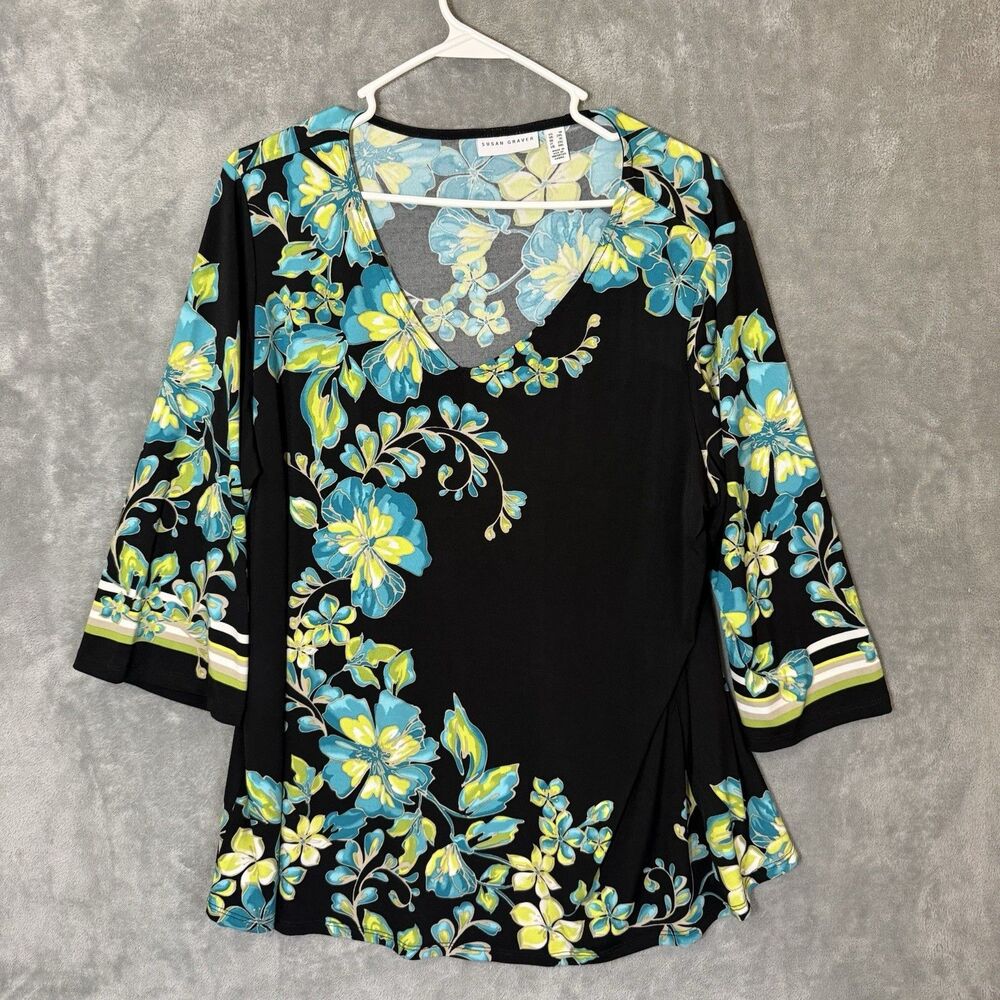 Susan Graver Women's 1X Black Green Floral 3/4 Sleeve Tunic Top Stretch V Neck